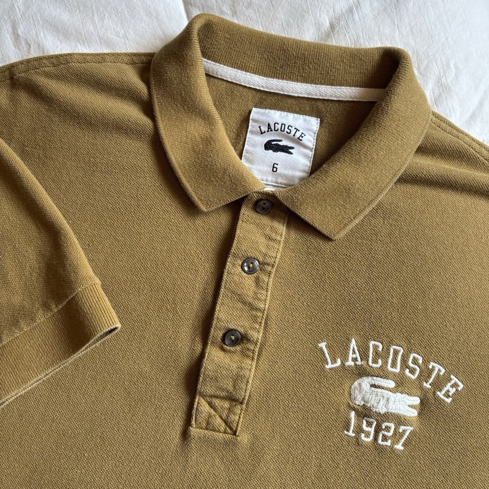 Lacoste Sport Polo Shirt Mens 6 US L Slim Boxy Khaki Tan Big Logo Pique Preppy